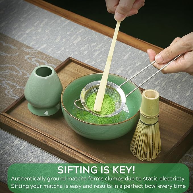 Matcha Whisk Set – 5 Piece Bamboo Whisk Kit with 100-Prong Chasen, Scoop, Tea Sifter, Whisk Holder & Ceramic Bowl – Traditional Japanese Style for Matcha Lovers (Green)