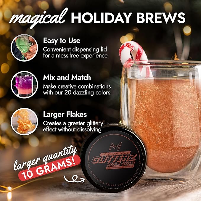 MONÉGASQUE Rose Gold Edible Glitter for Drinks 10g – Rose Gold Edible Glitter for Cakes – Chocolate, Cupcake, Strawberries, & Christmas Cake Decorations Sparkles – Cocktails & Drink Shimmer Powder