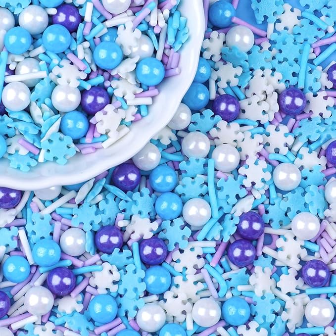 Winter Snowflake Sprinkles for Cake Decorating, Jimmies & Pearl Sugar Mix for Cupcakes, Cookies, Ice Cream & Holiday Desserts, Birthday Party Supllies