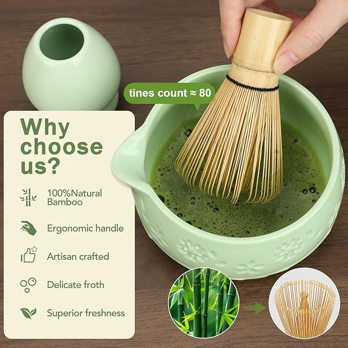 Matcha Whisk Tea Set: Ceramic Bowl with Spout, Bamboo Matcha Whisk & Spoon, Chasen Holder, Scoop Rest, Sifter, 8-Pcs Japanese Matcha Powder Kit–Gift for Ceremony & Matcha Lovers-Mint