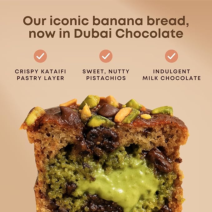 Gourmet Dubai Chocolate Chip Banana Bread by Sweetness Central, 6 Mini Loaves, Individually Wrapped, Pistachio Cream & Kataifi Pastry Crunch, Dubai Chocolate Filling