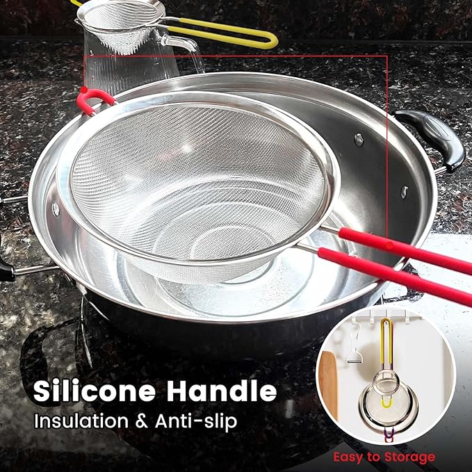Daily Treasures Fine Mesh Strainers Set in 3 different sizes,304 stainless steel strainers with Silicone Handle，0.3mm Hole Fine Mesh Food sifter for Pasta, Fruit, Flour,Tea, Cocktail(7"+5.5"+2.7")