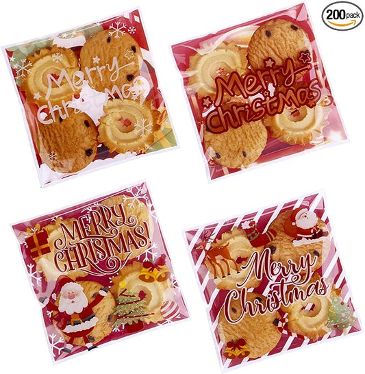 Christmas Cellophane Bags Biscuit Roasting Treat Bags Individual Wrappers Self Adhesive OPP Cookie Bakery Present Gift DIY Candy Decorating Favor Bags (4x4 Inch, 200Pcs)