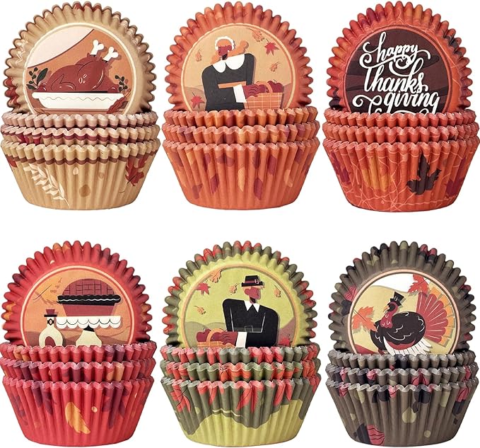 qiqee Cupcake Liners Thanksgiving Turkey Papers Baking Cups Wrappers Fall Muffin Wrappers for Party Candy Cake Decorations Supplies 300-Count 6 Design (Standard)