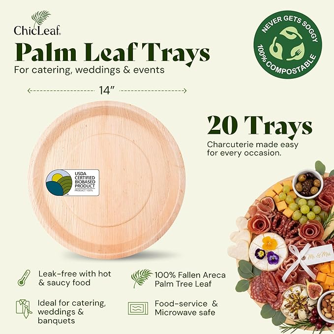 Chic Leaf All Natural Compostable & Disposable Rectangular 14" Round Palm Leaf Tray for Parties, Charcuterie Board, Catering & Weddings - Palm Leaf Platter Party Plates, Thanksgiving Dinner (20 pc)