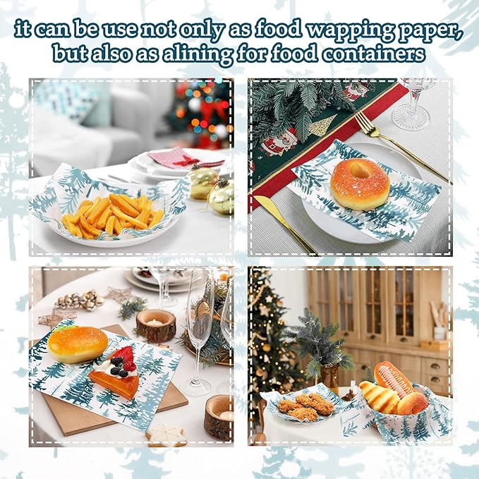150Pcs Christmas Tree Deli Paper, 9.8 x 8.3'' Forest Grease Proof Food Deli Sheets, Resistant Sandwich Wrap Liners Greaseproof Food Wax Paper for Xmas Winter Party Supplies (Blue)
