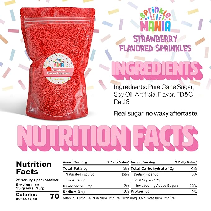 Flavored Strawberry Sprinkles for Ice Cream Drinks & Cake - Our Edible Strawberry Sprinkles Taste Just Like Strawberries - Our Flavored Jimmies Use Cane Sugar & Are Free from Red 3 & Red 40 (16oz)