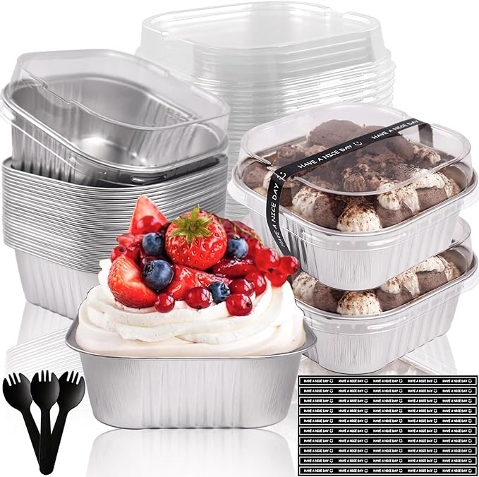 10oz Mini Cake Pans With Lids 50 Pack,Aluminum Foil Square Brownie Baking Cups,4”x4” Disposable Loaf Pans With Lids and Spoons Stickers,Large Cupcake Pans Muffin Cake Tins Cake Container(Silver)