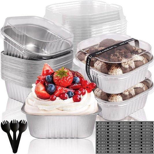 10oz Mini Cake Pans With Lids 50 Pack,Aluminum Foil Square Brownie Baking Cups,4”x4” Disposable Loaf Pans With Lids and Spoons Stickers,Large Cupcake Pans Muffin Cake Tins Cake Container(Silver)