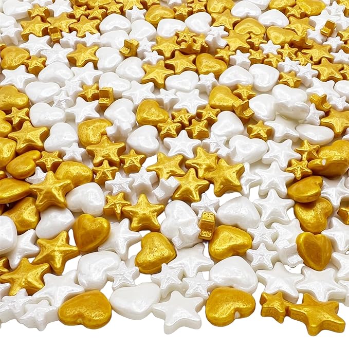 SE Si&Moos White and Gold Star Candy Gold and White Heart Sprinkles Edible Stars Star and Heart Candy Decorations Valentine Sprinkles for Cakes, Cupcakes, Cookies, Shower Party Birthday Holiday Supplies 3.5 OZ