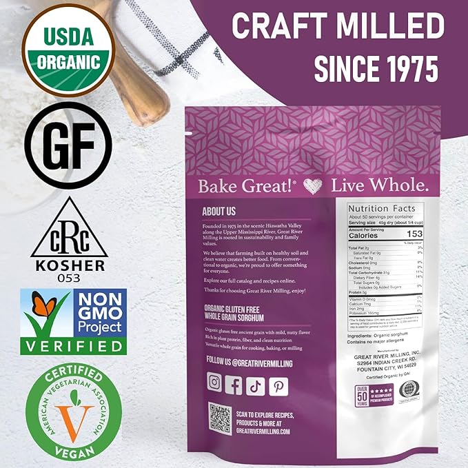 Great River Organic Milling Organic Whole Grain Sorghum | High-Protein Ancient Grain | Non-GMO, Kosher Certified | Ideal for Salads, Pilaf, Porridge, Baking & More | 5 Lb