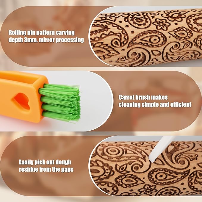 17" Premium Wooden Rolling Pins for Baking with European Embossed Designs | 3mm Deep Springerle Cookie Molds | Christmas Rolling Pin & Baking Gifts for Women | Includes 3-in-1 Cleaning Brush