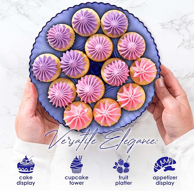 Amici Home Flower Footed Glass Cake Stand | Round Vintage Style Cake Plate | Serving Platter for Cupcakes, Cookies | Dessert Display Stand for Parties, Weddings, and Gift | 10” D x 4” H (Cobalt)