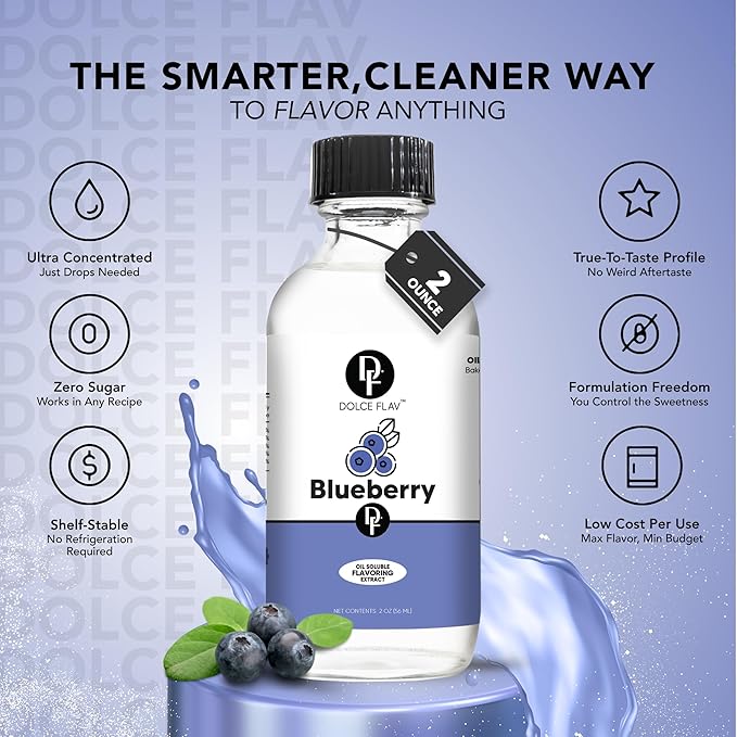 Dolce Flav Blueberry Extract – 8 Ounce Oil-Soluble Kosher, Sugar-Free, Concentrated Ripe Blueberry Flavoring for Baking, Chocolates & Desserts