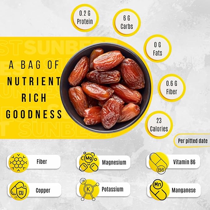 Sunbest Natural Deglet Noor Dates – 5 lb Bulk Bag (80 oz) – Sun-Dried, Pitted, Naturally Sweet & Chewy – Non-GMO, Vegan, Kosher, No Sugar Added, Healthy Date Snacks – Ideal for Snacking & Recipes