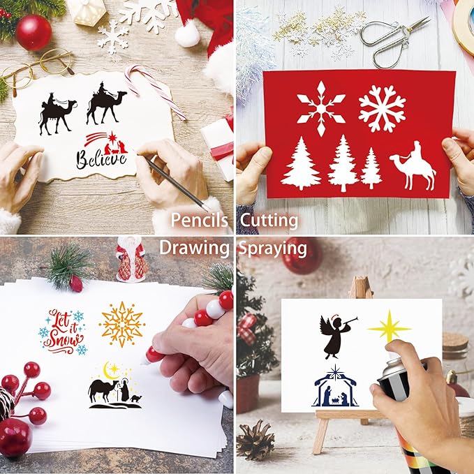 60pcs Christmas Stencils for Painting on Wood 3 Inch Small Nativity Ornament Reusable Holiday Xmas Drawing Stencil Templates for Wood DIY Crafts Card Paper Gift Home (Nativity Two)