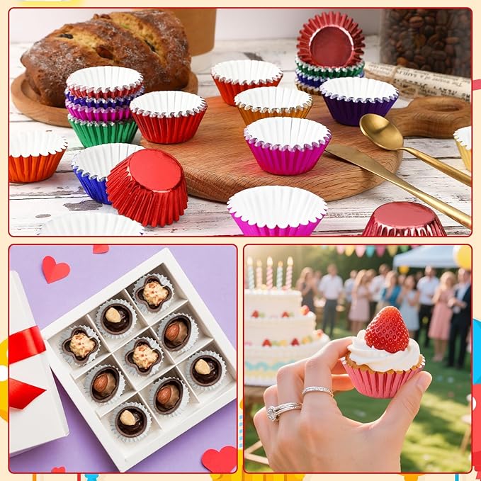 AUGSUN 400pcs Mini Foil Cupcake Liners Colorful Cupcake Baking Cups Metallic Mini Muffin Cupcake Wrappers for Christmas Holiday Party Cake Candy Chocolate Decorations Supplies
