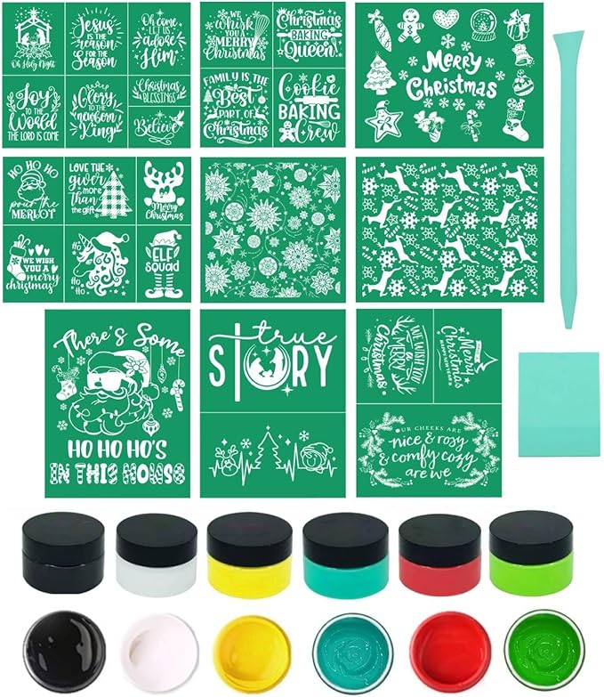 DGAGA 17PCS Christmas Silk Screen Stencils, Chalk Paste and Transfers, Winter Self-Adhesive Reusable Stencils for Painting on Wood, Fabric, Home Decor, With Mini Squeegees Set