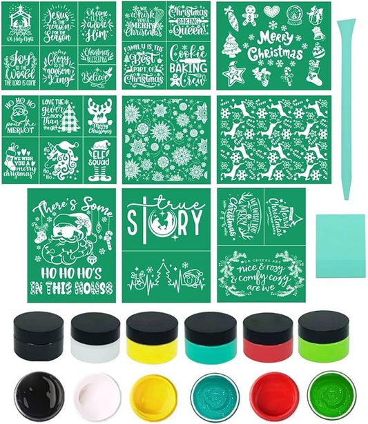 DGAGA 17PCS Christmas Silk Screen Stencils, Chalk Paste and Transfers, Winter Self-Adhesive Reusable Stencils for Painting on Wood, Fabric, Home Decor, With Mini Squeegees Set