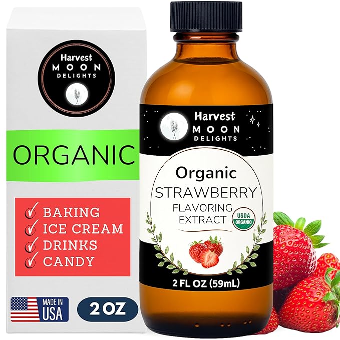 Organic Strawberry Flavoring Extract for Baking, Ice Cream, Drinks, and Candy - 2 oz - Water-Soluble - By Harvest Moon Delights - Pure Strawberry Extract and Flavoring