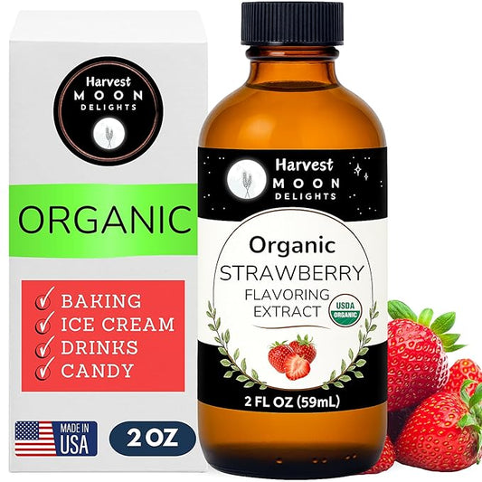 Organic Strawberry Flavoring Extract for Baking, Ice Cream, Drinks, and Candy - 2 oz - Water-Soluble - By Harvest Moon Delights - Pure Strawberry Extract and Flavoring