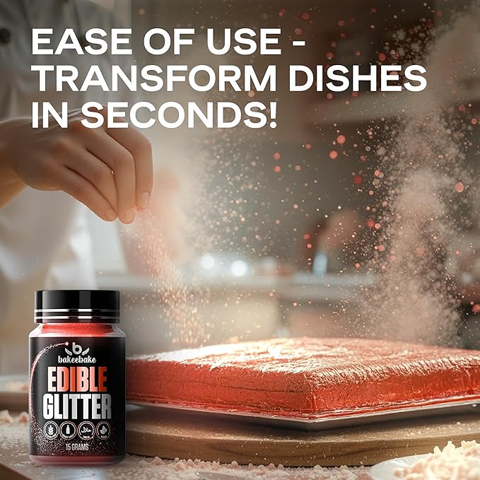Bakeebake Edible Glitter 15g - Edible Glitter for Drinks & Desserts - Gluten Free Cake Decorating – Tasteless Vegan Drink Cocktails and Parties (Red, 15 grams)