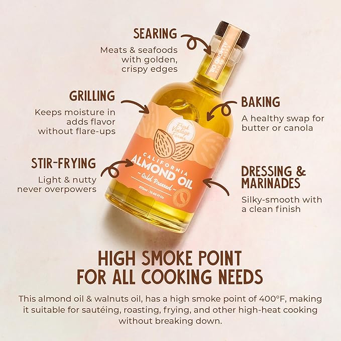 Fresh Vintage Farms Nut Bundle 100% Undiluted Cold Pressed Almond & Walnut Cooking Oils | Wholesome & Nutritious Healthy Cooking Oils for Cooking, Baking, Dipping, & Salads | 12.68 Fl oz, Pack of 2