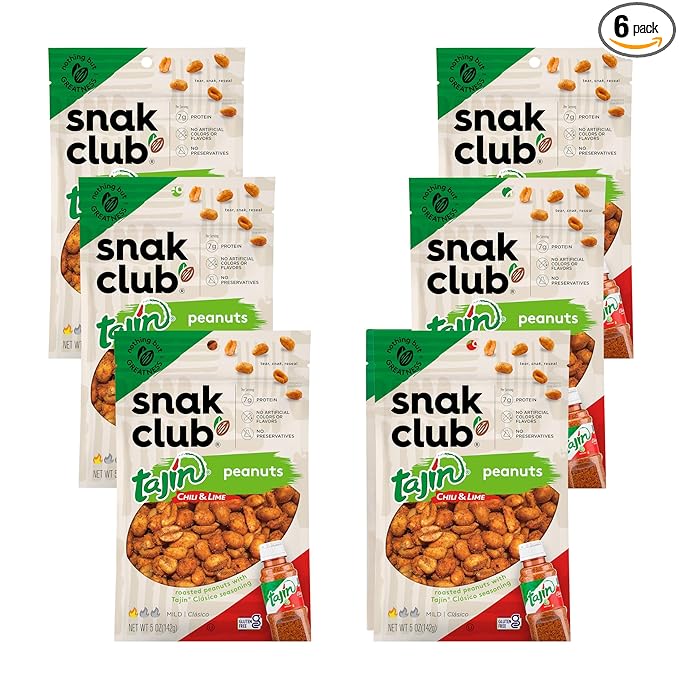 Snak Club Tajin Peanuts, Roasted Nuts with Chili and Lime Seasoning, Mild, Gluten-Free, Kosher Snacks, No Artificial Colors or Flavors, No Preservatives, 5 oz Resealable Bags, 6 Pack