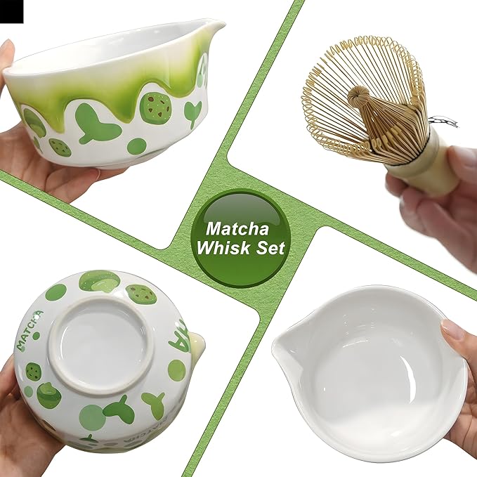 Matcha Whisk Set 7 Pcs Ceramic Matcha Set Includes Matcha Bowl, Matcha Whisk and Holder, Bamboo Scoop, Scoop Rest, Sifter and Tea Towel - Matcha Kit for Matcha Lovers
