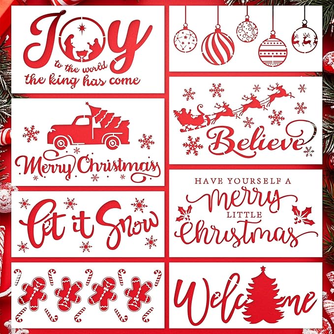 8 Pcs Large Christmas Stencils for Crafts, Reusable Christmas Rub on Transfers Painting Crafts, Xmas Stencils for Painting On Doormat Wood Wall Decor (Classic.8)