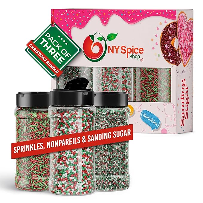 NY Spice Shop Christmas Sprinkles Nonpareils & Sanding Sugar – Red Green White Nonpareils & Sprinkles - Edible Christmas Festive Cooking Decor Sprinkle - Candy Cane Sprinkles for Baking and Dessert Toppings