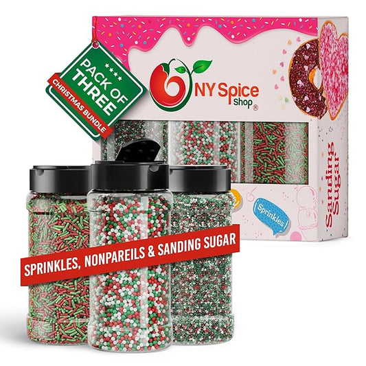 NY Spice Shop Christmas Sprinkles Nonpareils & Sanding Sugar – Red Green White Nonpareils & Sprinkles - Edible Christmas Festive Cooking Decor Sprinkle - Candy Cane Sprinkles for Baking and Dessert Toppings