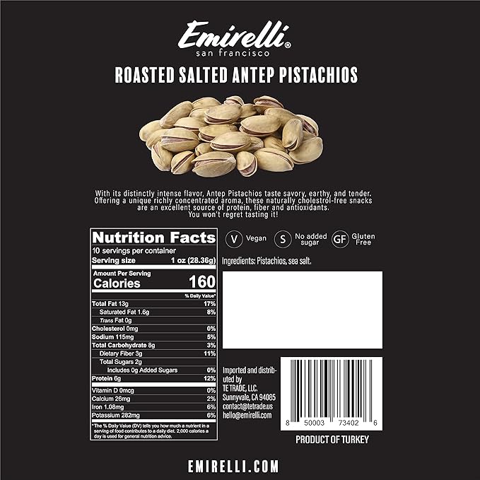 Emirelli Turkish Antep Pistachios in Shell, Roasted and Salted Intense Nuts, Non GMO Gluten Free Natural Vegan Healthy Snacks, Shelled Pistachios Remains Fresh with Resealable Bag (Pack of 1)