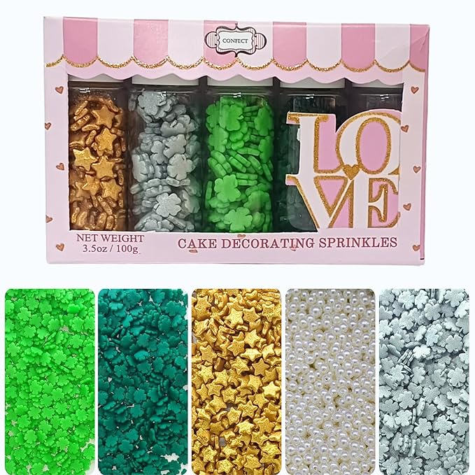 Confect St. Patricks Green & Silver Flower Sprinkles | White Pearl, Gold Star Edible Sprinkles for Baking & Cake Decorative | Edible Sprinkles mix pack of 5 | Dairy-Free, Palm Oil-Free - 5 Oz