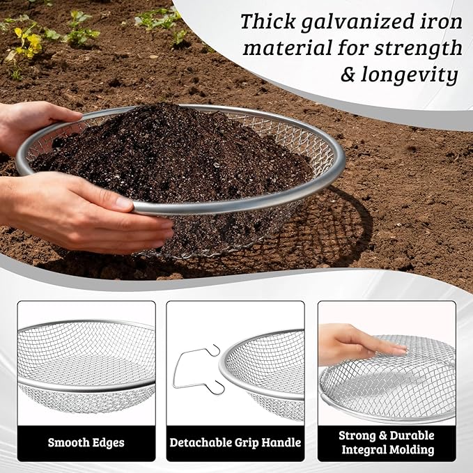 2PCS Soil Sifter for Gardening, 3mm + 6mm Mesh Compost Sifter with Detachable Handle for 5 Gallon Buckets Garden Sieve Sifters for Dirt Rocks Pellet Gravel Sand