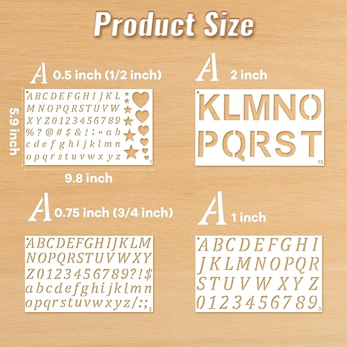 14 Pack Letter Stencils and Numbers Symbols 1/2, 3/4, 1, 2 Inch Reusable Small Letter Stencils for Painting Plastic Alphabet Stencil for DIY Crafts Journaling Painting (9.8 x 5.9 Inch)