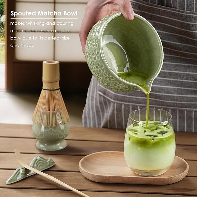 7Pcs Matcha Whisk Set, Ceramic Matcha Bowl with Spout, Bamboo Whisk and Holder,Bamboo Scoop,Scoop Rest,Sifter,Tea Towel, Matcha Kit with Cherry Blossom Carved Patterns for Matcha Lovers (Sakura Green)