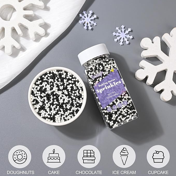Nonpareils Sprinkles for Cake Decorating, White & Black Sprinkles Perfect for Cupcake Toppers Wedding Party Valentines Halloween Christmas Supplies 3.52 Ounce