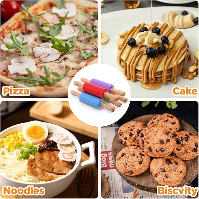 10 Pcs 9 Inch Mini Rolling Pin for Kids, Silicone Wooden Non-Stick Cooking Pins Baking, 5 Colors for Kitchen Dough Cookie Pastry Fondant Cake