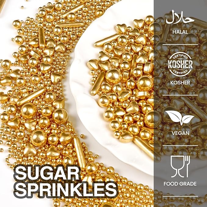 Gold Pearl Heart Sprinkles, Pearls Sprinkles For Cake Decorating, 150g/5.29oz Mix Size Sugar, Donuts, Cakes, Wedding Party, Christmas Supplies, Foodgrade Decorating, Edible Pearls