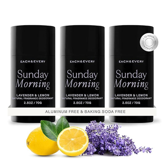Each & Every Aluminum Free Deodorant for Women & Men - All Natural Deodorant for Sensitive Skin, EWG Verified - Clean, Baking Soda-Free, Plant-Based Fragrance, Lavender & Lemon, 2.5oz, 3-Pack