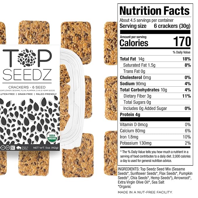Top Seedz Deluxe Organic Gluten Free Vegan Crackers and Roasted Seeds Bundle | 1 Pouch of Maple Magic Roasted Seeds | 3 Packs of Sea Salt Crackers | 2 Packs of 6-Seed