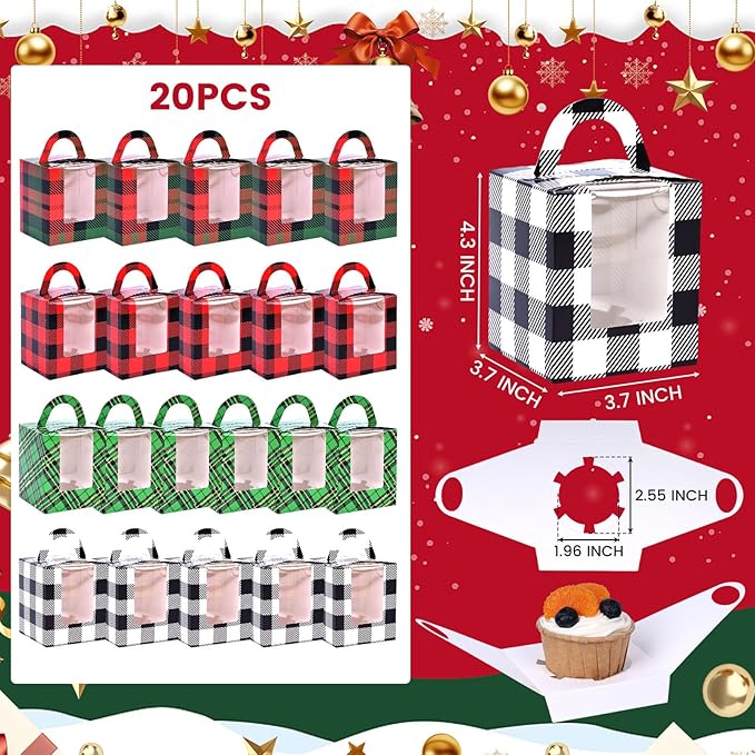 20PCS Christmas Cupcake Boxes, Cookie Boxes with Window Insert Handle Plaid Bakery for Christmas Muffin Pastry Treat Gift Party Favors 3.7" x 3.7" x 4.3"