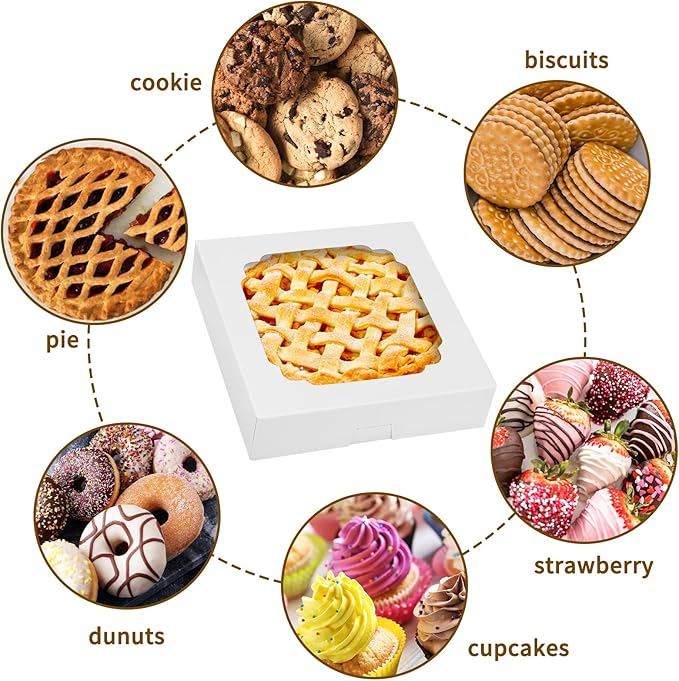 Moretoes 45pcs Pie Boxes, 10x10x2.5 Inches White Bakery Boxes Cookie Container with Window for Treats, Pie, Strawberries, Cookie Cake, Pastries, Muffins and Donuts
