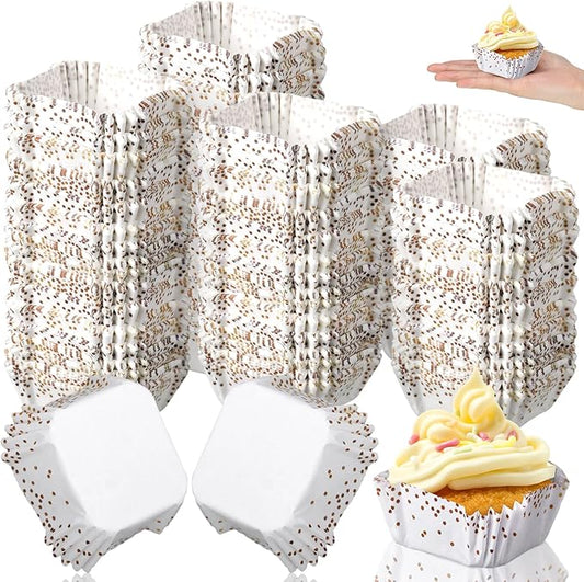 Tanlade 350 Pcs Square Mini Cupcake Liners Disposable Brownie Baking Pan Liners 1.77 Inch Paper Baking Cup for Cup and Cupcakes Party Supplies for Weddings Birthdays Bridal Showers(Gold Dots)
