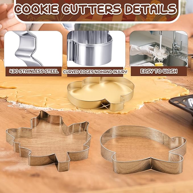 6 Pcs Large Thanksgiving Cookie Cutters 8" Fall Cookie Cutters Stainless Steel Metal Baking Molds for Holiday, Pumpkin, Leaves, Turkey, Chicken Legs, Acorn