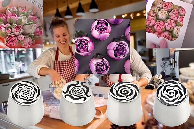 Russian Piping Tips Set 2PCS Stainless Steel Cake Decorating Kit for 3D Flowers Roses Extra Large Icing Nozzles Flower Tips Baker Tools for Wedding Birthday Cakes Cupcakes Cookies (Silver A-4)