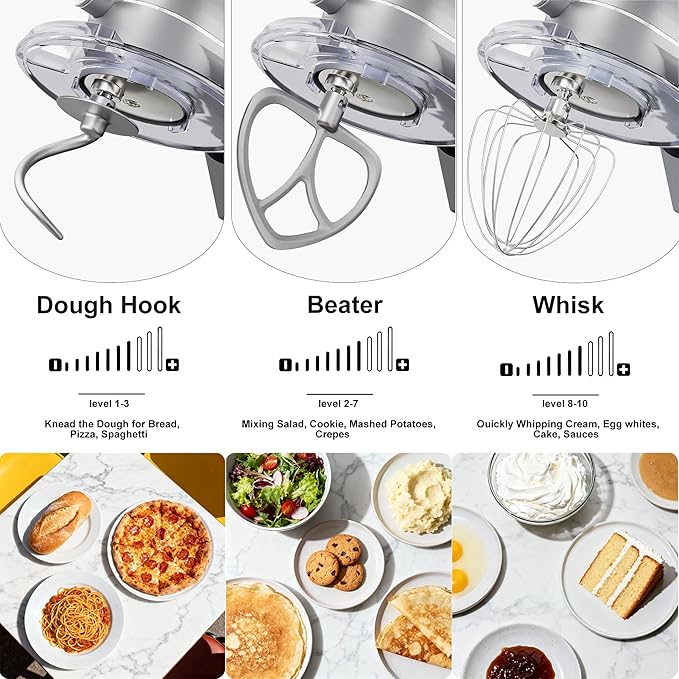 8.45 QT All Metal Dough Mixer,10 Speed Large Capacity Kitchen Stand Mixer with Digital Timer & Tilt-Head, Electric Mixer with Whisk Dough Hook Mixing Beater for Baking,Cakes,Cookie,Bread,Salad(Silver)