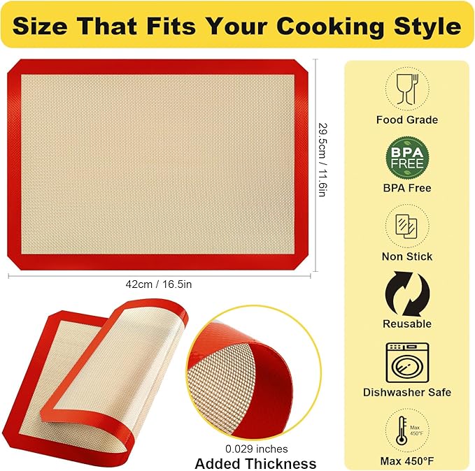 Silicone Baking Mat, 2 Pac 16.5"L x 11.6"W Silicone Cookie Sheets Reusable Baking Mat - Non-Stick Food Safe Dark Gray Oven Baking Sheet for Making Cookies, Macaroons, Bread