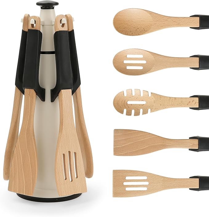 Chef's Path Wooden Cooking Utensils Set – 5-Piece Beech Wood Kitchen Utensils Set with Silicone Spoon Rest, Wooden Spatula, Serving Spoon, Wooden Spoons for Cooking & Rotating Utensil Holder, Black